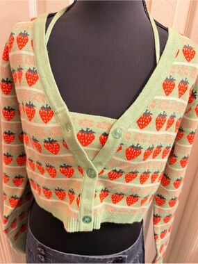 Motel Rocks Mint Green Cropped Strawberry-Print Cardigan